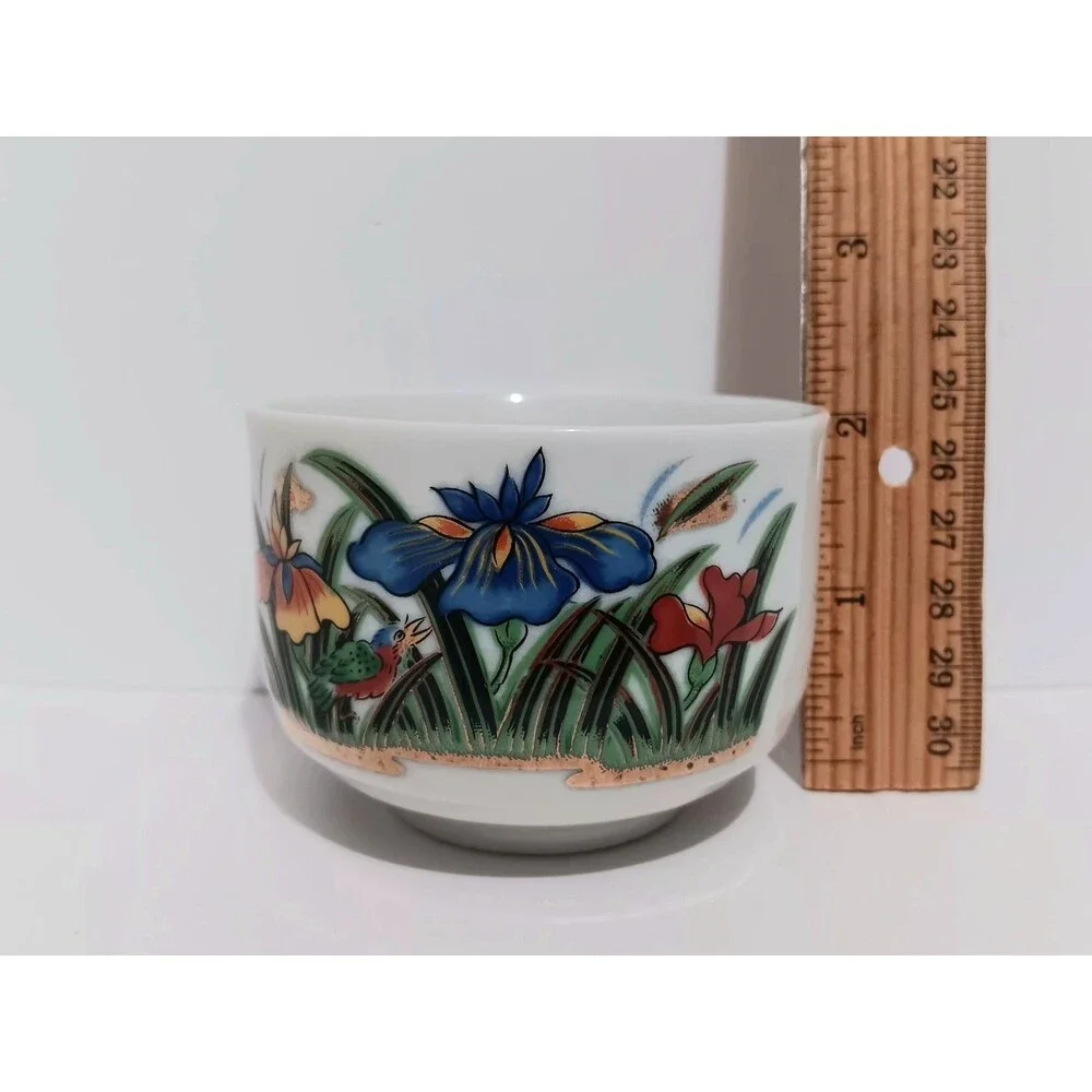 Japanese Porcelain  Yunomi Tea Cup Irises  Floral Design 2